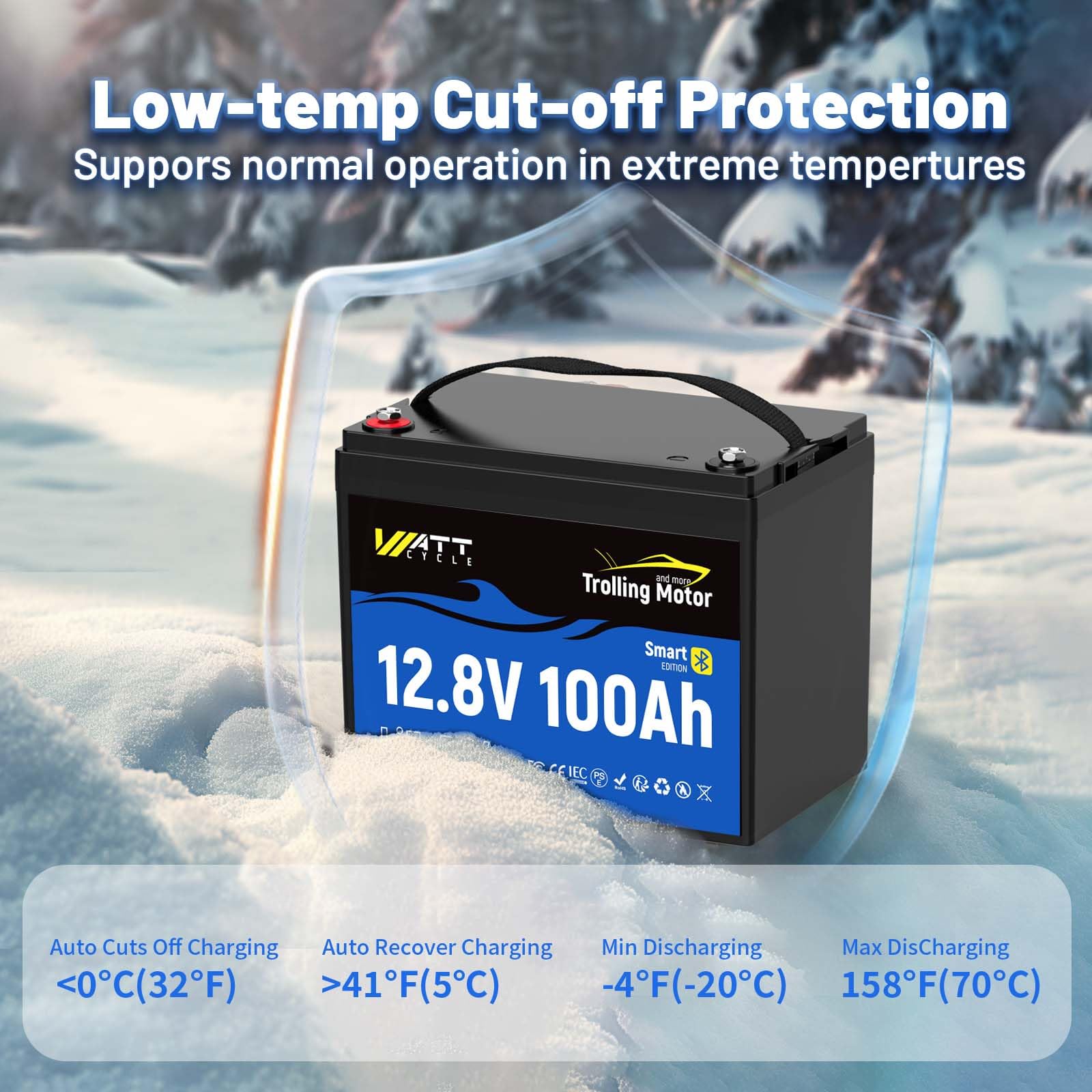 Wattcycle 12V 100Ah LiFePO4 Battery, Lithium Battery 12V 120A BMS, IP67 Marine Batteries for Trolling Motor, Built-in Bluetooth, Monitor, Mobile APP, Perfect for Boat, Marine, RV, Home Energy, Solar