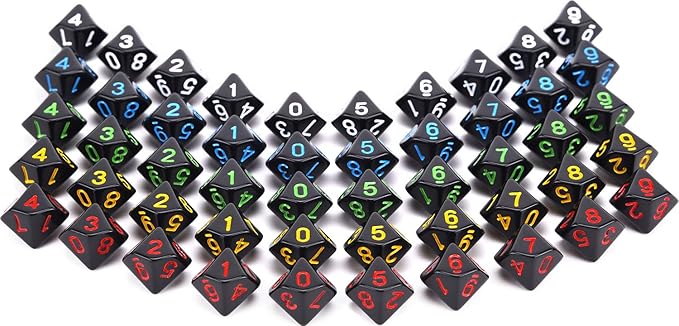 50pcs Assorted D10 Opaque Black with Black Dice Bag 10 Sides Dice for Tabletop RPG World of Darkness Vampire (0-9)