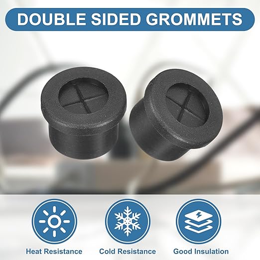 uxcell 4Pcs Cable Cord Grommet, 9/16"(14mm) Rubber Desk Grommets Wire Pass Through Hole Cover with Marked Cable Ties for Home Office Cable Wire Protection, Black