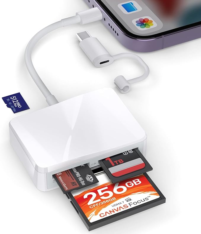 SD Card Reader for iPhone, 4 in 1 USB C and Lightning to CF/SD/MS/TF Card Adapter Memory Card Reader for Camera Adapter Trail Game Camera Viewer for iPad Macbook Plug and Play No App Required