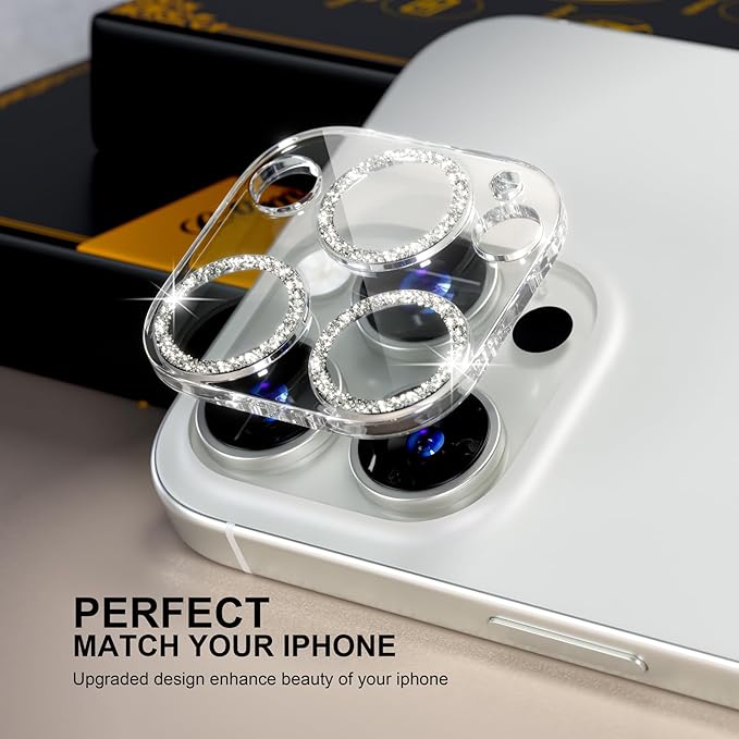 beuxece for 6 Pack iPhone 15 Pro/iPhone 15 Pro Max Camera Lens Protector [Drop Protection] [Case Friendly] [Easy Installation] 9H Tempered Glass Camera Screen Protector Cover, Glitter Silver