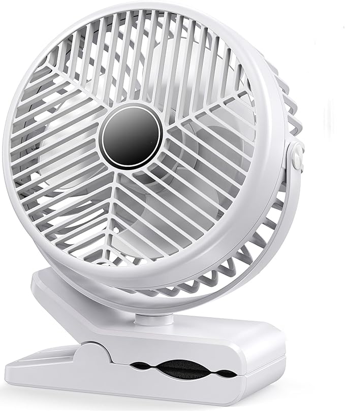 Portable Clip-on Fan 10000mAh Rechargeable Battery Powered – 3-Speed Quiet Desk & Clamp Fan for Stroller, Camping, Office & Bedroom – 360° Rotation-1PACK-White