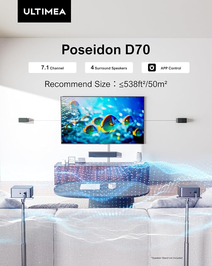 ULTIMEA 7.1ch Soundbar with Wireless Subwoofer, Virtual Surround Sound System for TV, App Control, 410W Peak Power, Sound bar for TV, 4 Wired Surround Speakers, Home Theater Sound System Poseidon D70