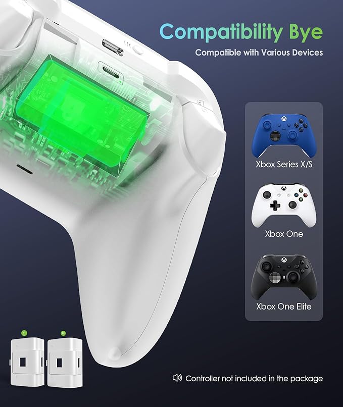 Rechargeable Controller Battery Pack with 4 Cover Play and Charge Kit with Micro USB Charging Cable for Xbox 1, S/X/Elite Wireless Remote (2 Pack-White)