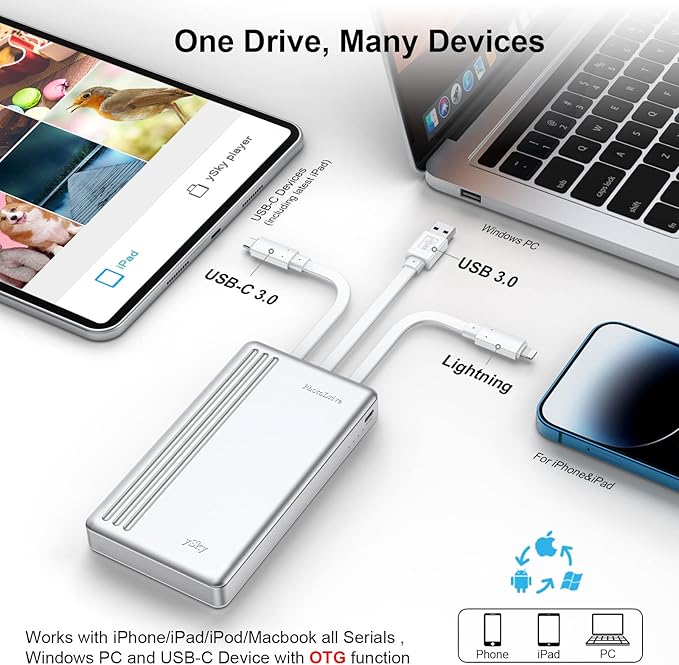 ySky MFi Certified 2TB External Hard Drive for iPhone iPad MacBook Computer,Portable Photo Stick USB Flash Drive Storage Device to Backup Photo| Video | Music| File 【One-Touch Backup】