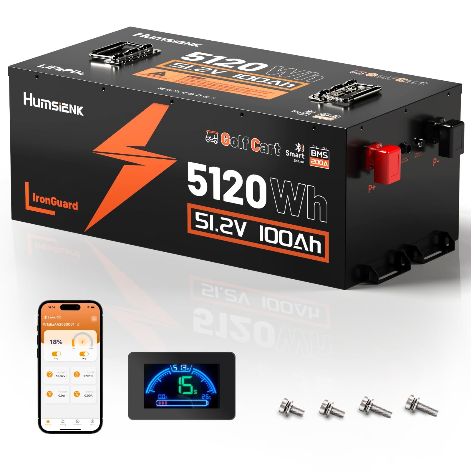 HumsiENK 48V 100Ah Golf Cart Battery with Metal Case, 48V LiFePO4 Lithium Battery with Bluetooth & LCD Monitor, 15000+ Cycles & Max 10.24kW, Built-in 200A BMS with Low-Temp Protection for Golf Carts