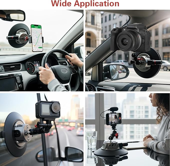 Suction Cup Camera Mount with Ball Head Magic Arm, 5.9"/15cm Air Pump Vacuum Camera Suction Mount on Car Windshield Dash for Action Cameras/Phone Holder, with 1/4" & 3/8" Mounting ARRI Holes