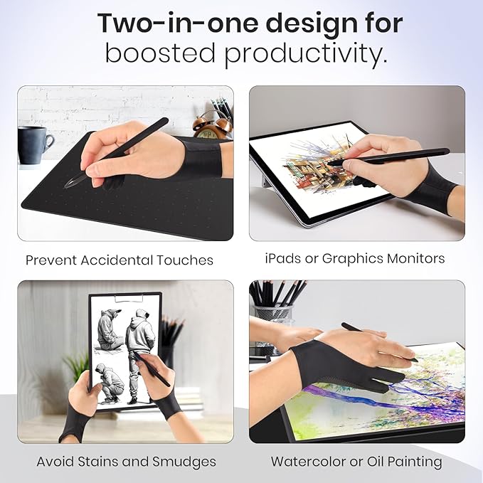 Digital Drawing Glove: 3-Layer Palm Rejection, Two-Finger Artist Glove for Drawing Tablet, iPad, Paper Sketching, Fits Left and Right Hand, Includes Cleaning Cloth (2-Pack, Medium, Black)