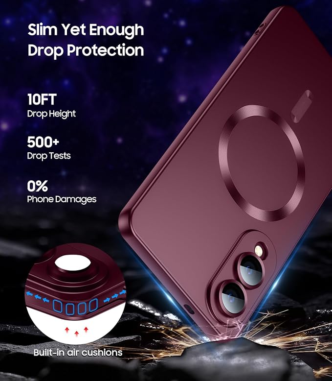 Magnetic for Samsung Galaxy S25 Edge Case [Compatible with MagSafe][Built-in Camera Lens Protector] Slim Soft Silicone Bumper Shockproof Metallic Luster Phone Case (Burgundy)
