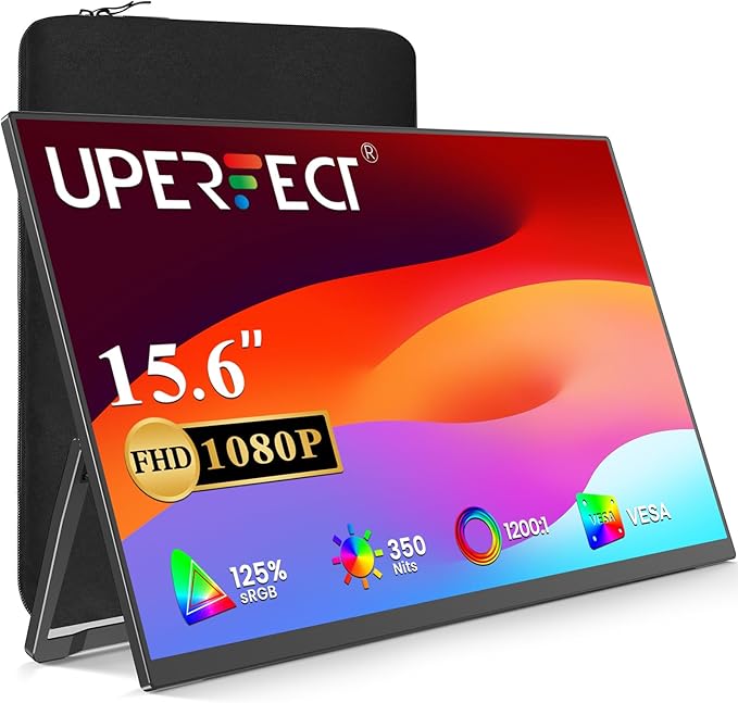 UPERFECT Portable Monitor 15.6", 125% sRGB 1080P FHD Portable Screen Plug & Play, VESA & 180° Adjustable Stand 350Nits, USB-C HDMI Ultra-Slim Travel Monitor for Laptop, Phone, PC, Game Console