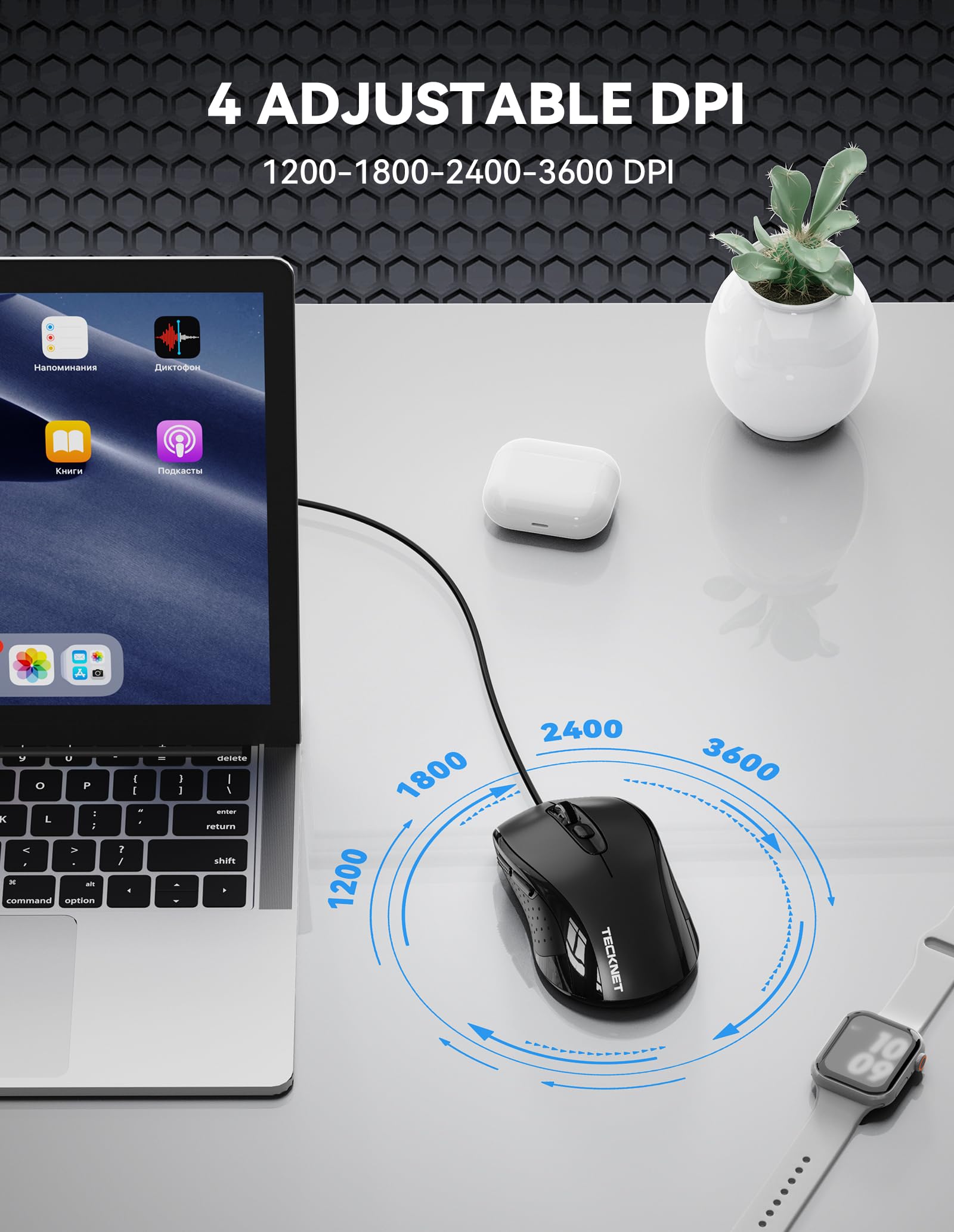 TECKNET Wired Mouse, 3600DPI, USB Wired Computer Mice, 6-Button, 4-Levels