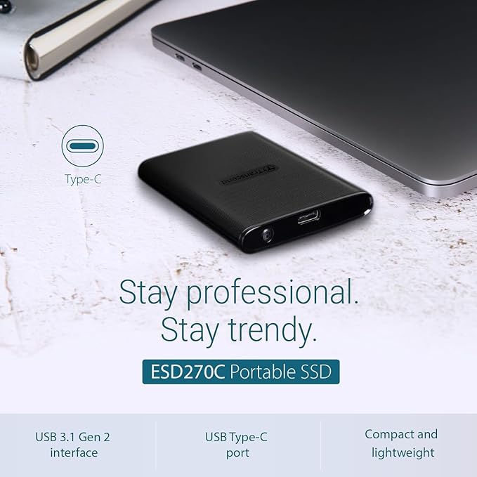 Transcend 1TB External SSD for iPhone/iPad/Mac/Windows/Android, PC/Laptop/Tablet/TV/Game Console, Portable Solid State Drive with One Touch Back up, One-Time Password Unlock, Type-A&Type-C Cables
