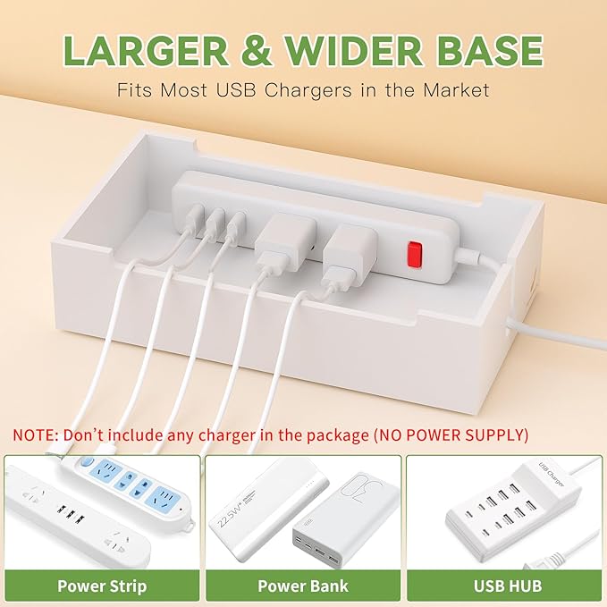 Pezin & Hulin Multi Charger Station Organizer Rack, Bamboo Cable Management Box, Power Strips and Cord Hider, Nightstand Device Organizer (Include 6 Cables)(No Power Charging Supply) -White