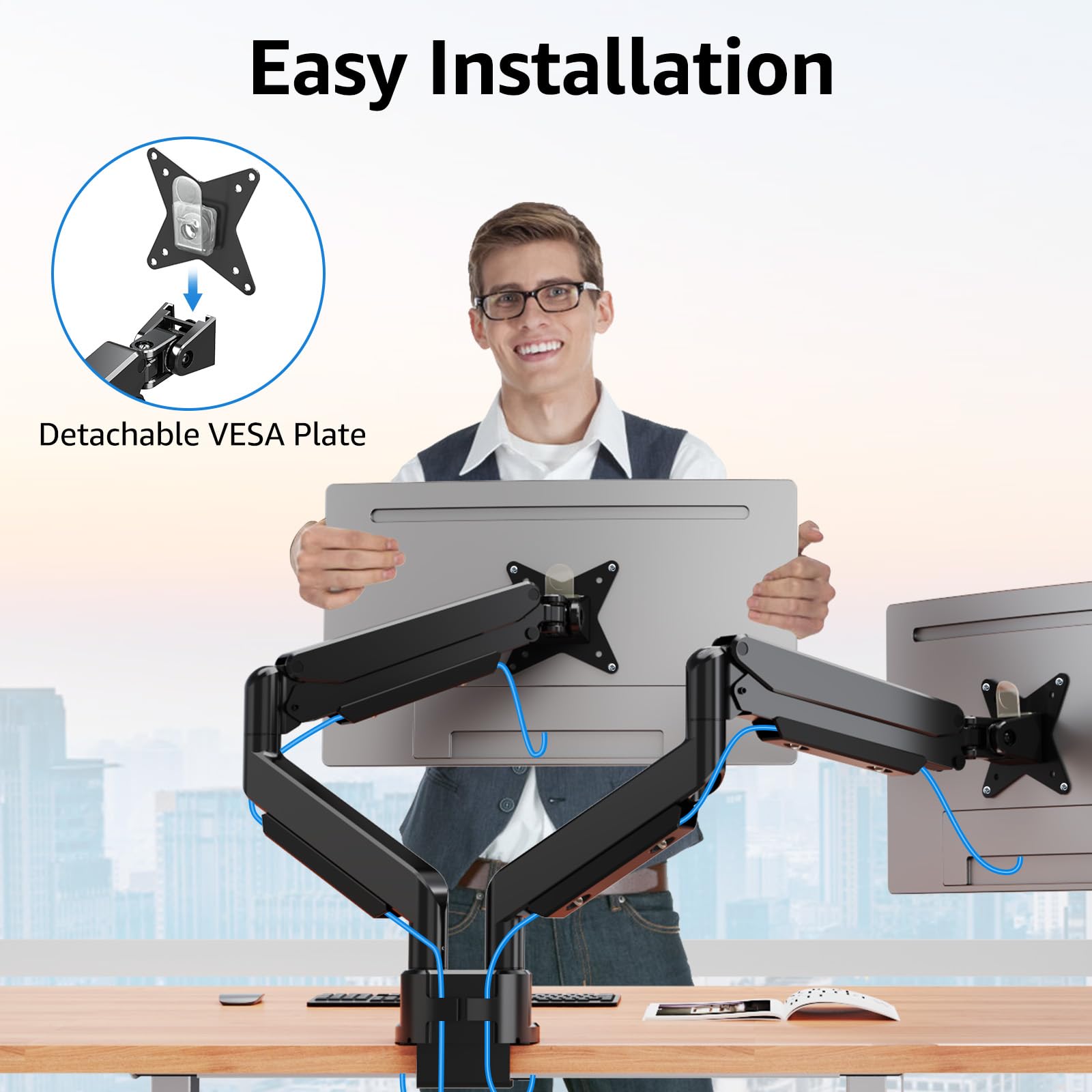 MOUNTUP Dual Monitor Mount fits 42 40 39 37 34 32 27 inch Ultrawide Screen, Holds 6.6-33lbs, Dual Monitor Arm Desk Mount, Heavy Duty Monitor Stand for 2 Monitors, with Clamp/Grommet Base