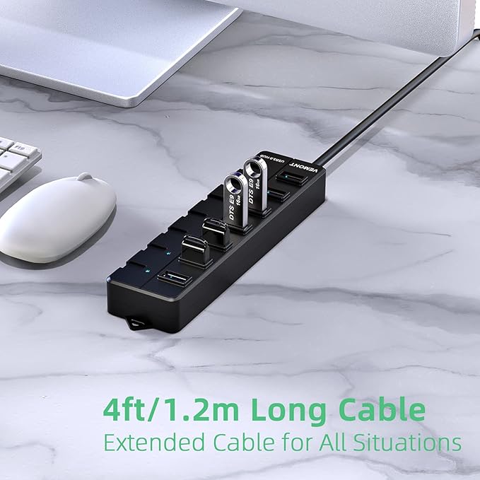 VEMONT USB hub,Computer Peripheral Equipment 7-Port USB 3.0 hub with 5V2A Power Adapter and Individual On/Off Switches,USB Charging hub 4ft/1.2m Long Cable