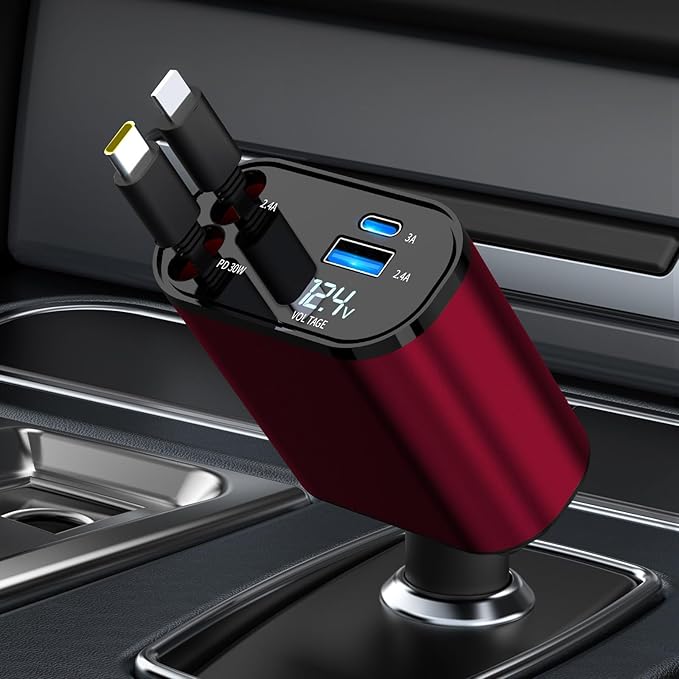 Retractable Car Charger Compatible with Galaxy Pixel, 4 in 1 Fast Charging 60W, Retractable Phone Charger for Car Retractable Cable and 2 USB Ports
