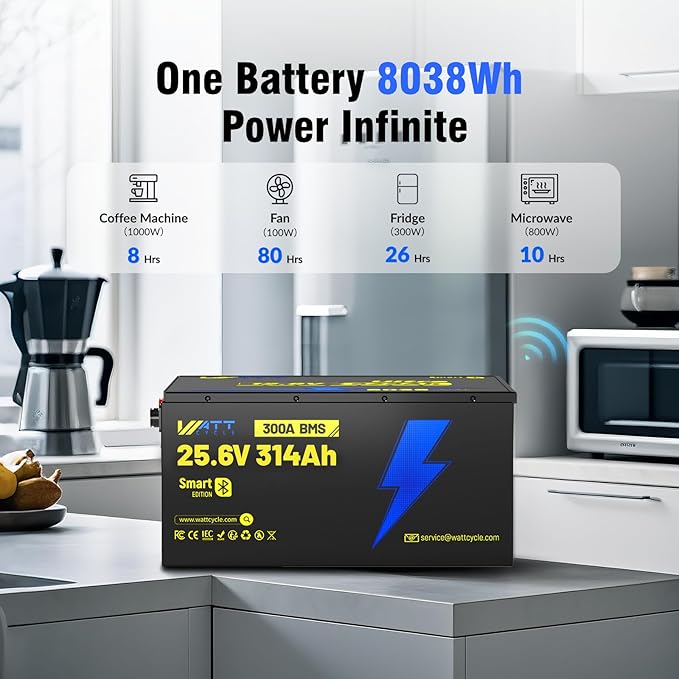24V 314Ah LiFePO4 Lithium Battery 300A BMS, Bluetooth 5.0, Full Metal Case Aluminum Frame 8038Wh Energy, 15000+ Deep Cycles Batteries, Perfect for Home Energy, RV, Marine, Solar