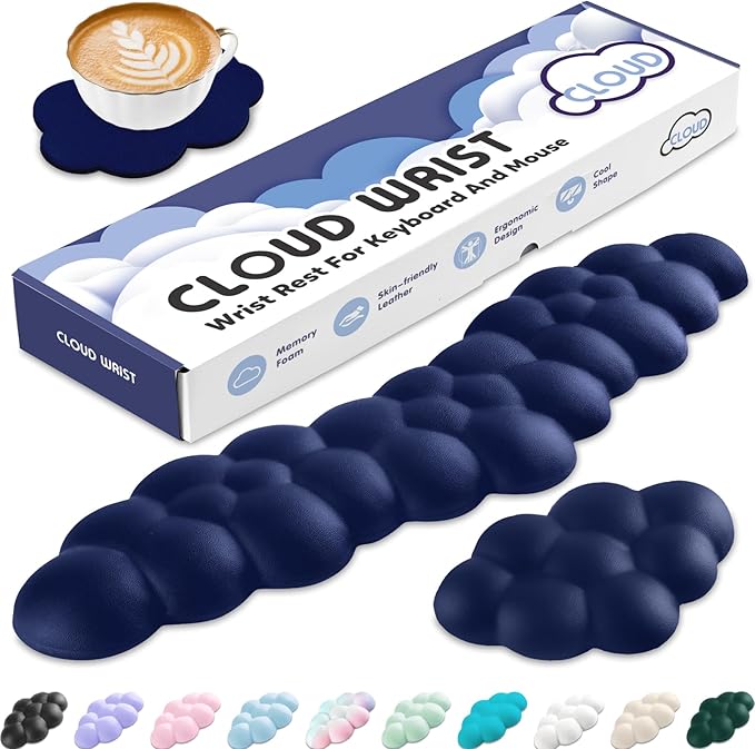 Cloud Wrist Rest for Keyboard and Mouse, Memory Foam PU Leather Keyboard Wrist Rest with Ergonomic Support, Non-Slip Base, Cute Arm Rest Pad & Palm Cushion, Office Desk Accessory, Dark Blue