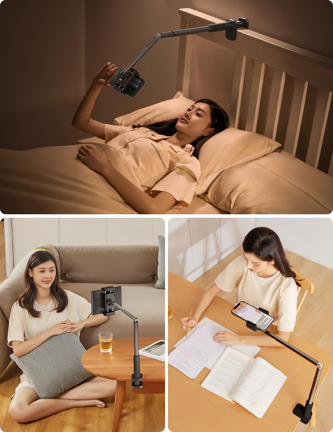 SupeDesk Phone Holder for Bed, 360° Rotation Cell Phone Stand, Flexible Long Arm Headboard Bedside Clip, Multi-Functional Overhead Phone Mount for 3.5-11" Phones, Tablets, Kindle, Black