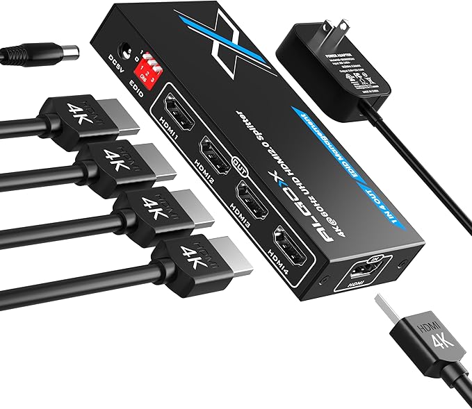 4K HDMI Splitter 1x4 withEDID, 4K@60Hz HDR HDMI 2.0 18Gbps HDMI Duplicator Support HDCP 2.2 for Switch2 Apple TV, PS5, Xbox, Roku, Projector... (4K@60Hz 1 in 4 Out)
