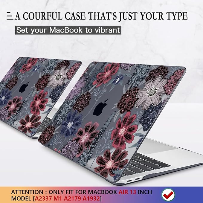 CISSOOK Case for MacBook Air 13 inch M1 Chip A2337 A2179 A1932 2021-2018 Release, Protective Black Shell with Keyboard Skin + Screen Protector for MacBook Air 13-inch with Touch ID, Texture Flowers