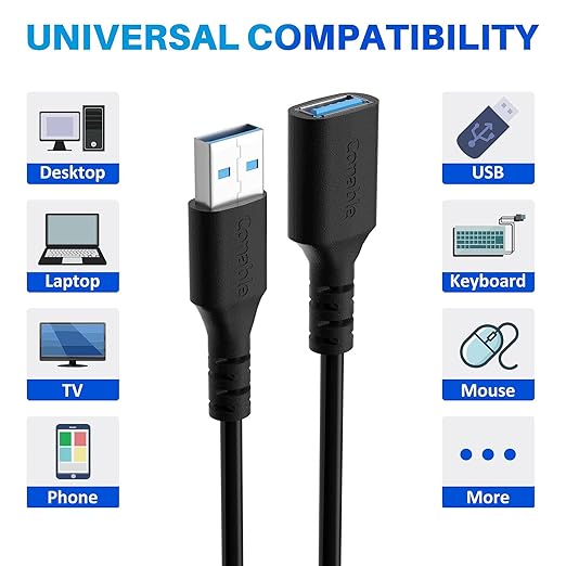 3 Pack USB 3.0 Extension Cable 4 Feet, USB A Male to Female Extender Cord, 5Gbps Data Transfer for Webcam, Printer, Keyboard, Mouse, Flash Drive, Hard Drive, Controller, Black Cable with 5 Cable Ties