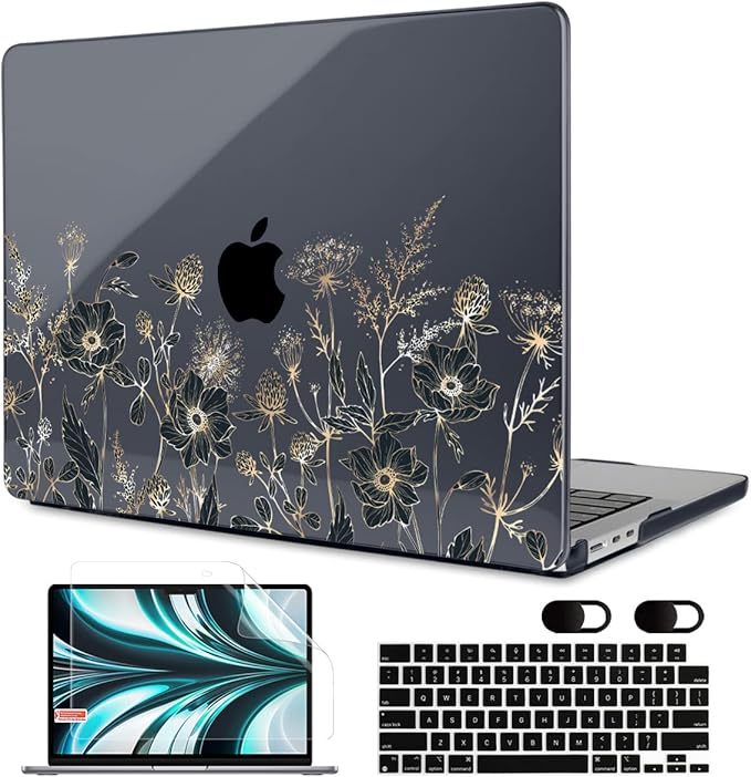 MEEgoodo Case for M4/M3/M2 MacBook Air 13.6 inch Case 2025 2024 2022, Fit Model A3240/A3113/A2681, Laptop Hard Shell with Keyboard Cover Compatible with MacBook Air 13 inch, Golden Flowers & Herbs