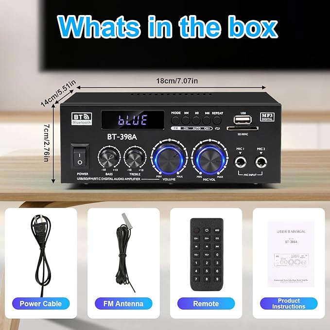 Romica Stereo Audio Amplifier, 2 Channel 450W x2 Bluetooth 5.0 Home Theater Power Amplifier with FM Radio, USB, SD, Optical & Coaxial Inputs, Amplifier for Passive Speakers and Active subwoofer