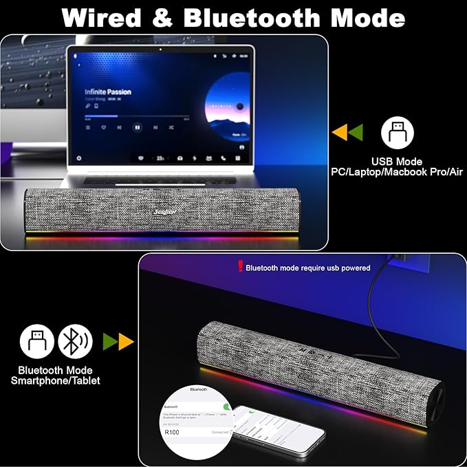 SOULION R100 Bluetooth Computer Speakers with Dynamic LED Light, USB Plug & Play PC Speakers with Switch Button, Clearly Sound Soundbar for Desktop Laptop Monitor(USB-C to USB Adapter Included)