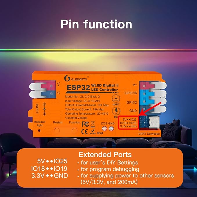 ESP32 WLED LED Strip Light Controller 15A Fuse Mic DIY Dynamic Lighting UART USB-C Download Energy Saving Relay App Control for RGB IC Addressable Digital WS2811 WS2812 SK6812 TM1814 WS2813 WS2815