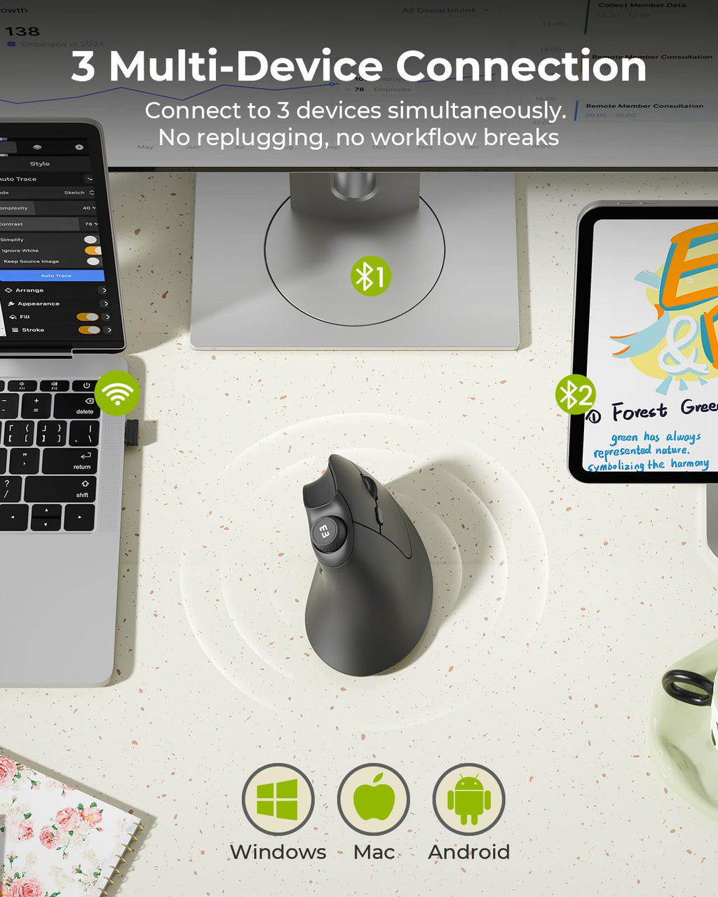 seenda Ergonomic Mouse Wireless, MOU-302 Bluetooth Vertical Mice Silent