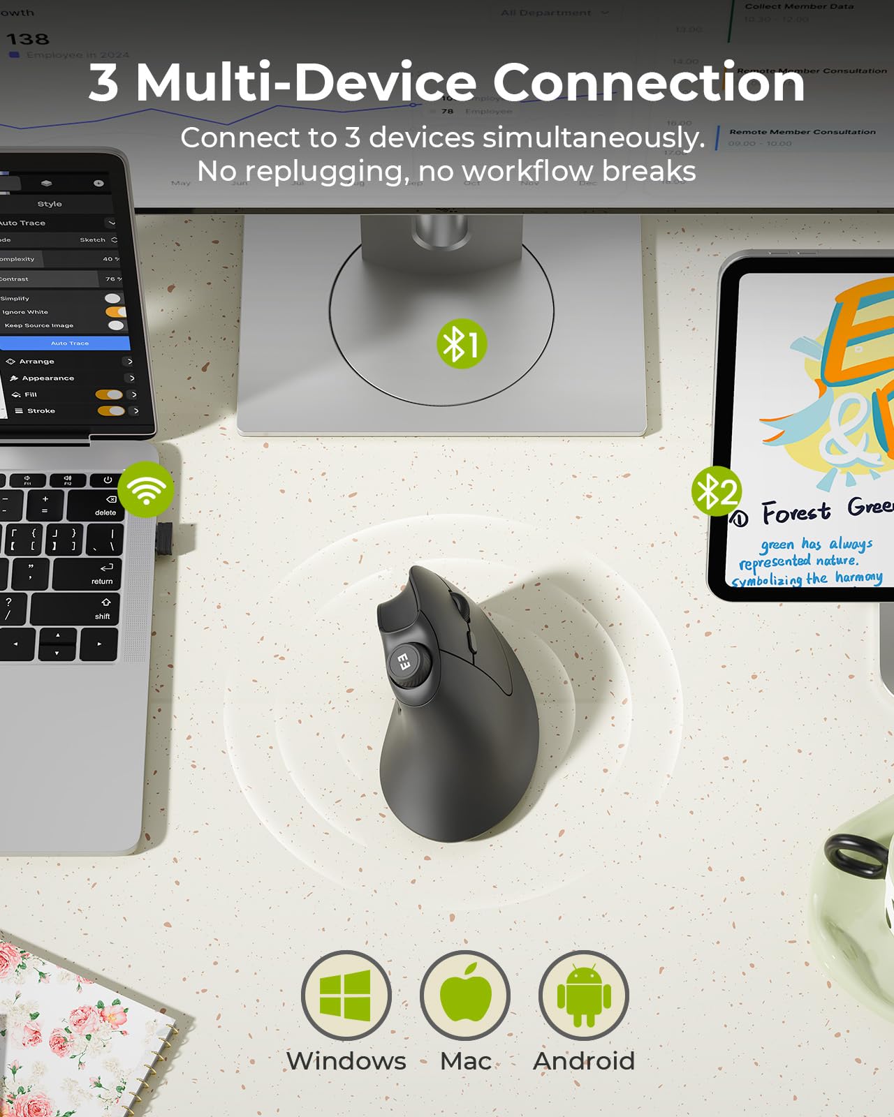 seenda Ergonomic Mouse Wireless, MOU-302 Bluetooth Vertical Mice Silent