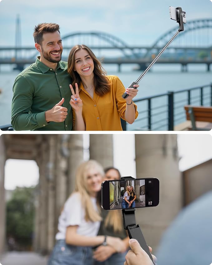 Viozon Portable Selfie Stick, Lightweight Extendable Stainless Steel Tube,All-in-One Compact Selfie Stick with Wireless Remote Compatible with 4-7" iPhone/Android Phones for Vlog/Travel/Filming, Black