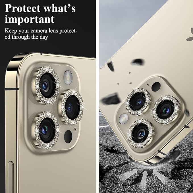 YWXTW Designed for iPhone 14 Pro/iPhone 14 Pro Max Camera Lens Protector Bling, [New Glitter Design] Individual Metal Tempered Glass Camera Cover Accessories Case Friendly, 1 Set (Gold Glitter)