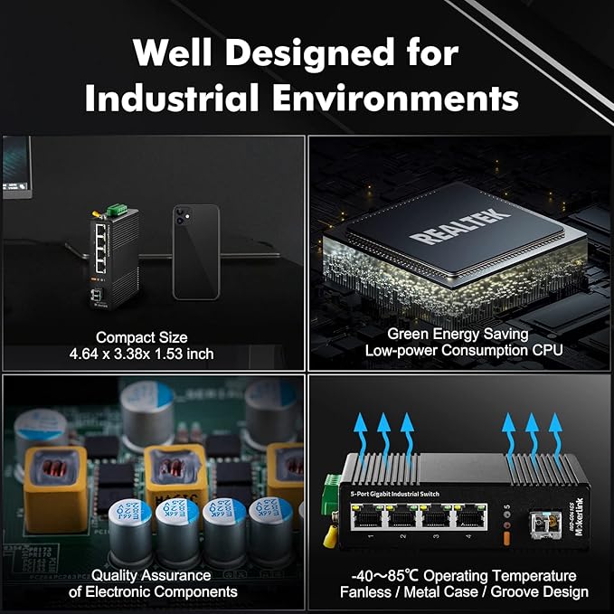 MokerLink 5 Port Industrial DIN-Rail Network Switch, 4 Gigabit Ethernet, 1 SFP, 14Gbps Switching Capacity, IP40 Rated (-40 to 185F), With UL Power Supply