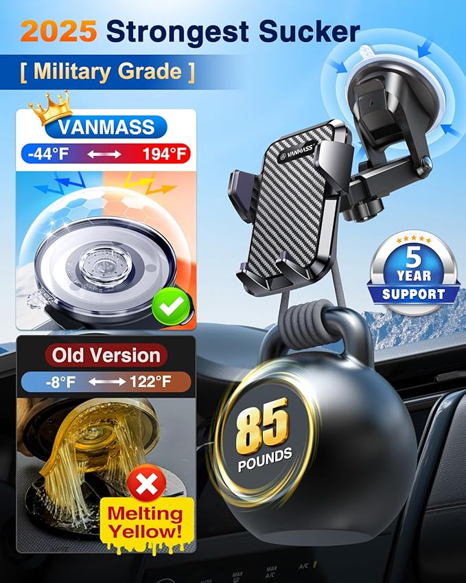 VANMASS 【85+LBS Strongest Suction & Military-Grade 2025 Ultimate Car Phone Mount【Patent & Safety Certs】 Cell Phone Holder Truck Stand for Dashboard Windshield Vent for iPhone 16 15 Pro Max 14 Samsung