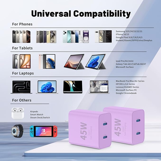 Super Fast Samsung Charger Type C,45W Dual Port USB C Fast Charger Block [2-Pack] & Extra Long 60W 3/6/6/10FT USB C Cable - PD Quick Charging 3.0 for Samsung Galaxy S25 Ultra/S24+/S23 iPhone 16