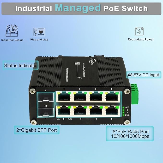 Industrial Managed 8 Port PoE Ethernet Switch with 2 SFP Slot, Gigabit Networking Switch with Web Management, Supporting Din-Rail, Black, XY-M2F8P
