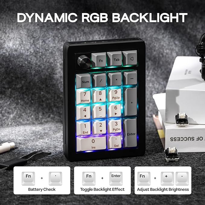 EPOMAKER EK21 VIA Gasket Number Pad with 1000mAh Battery, BT 5.0/2.4GHz/Wired Hot-Swap Numpad with Aluminum Alloy knob, Programmable for Win/Mac/Gaming (Black Silver, Wisteria V2 Switch)