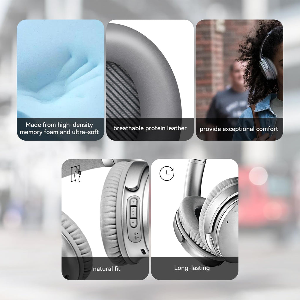 MDOWOK Replacement Earpads Cushions for Bose QuietComfort35&35ii(QC35 II & QC35) Silver Headphones - Professional Positioning Tools Included, Noise-Isolating Memory Foam & Breathable Leather (Grey)