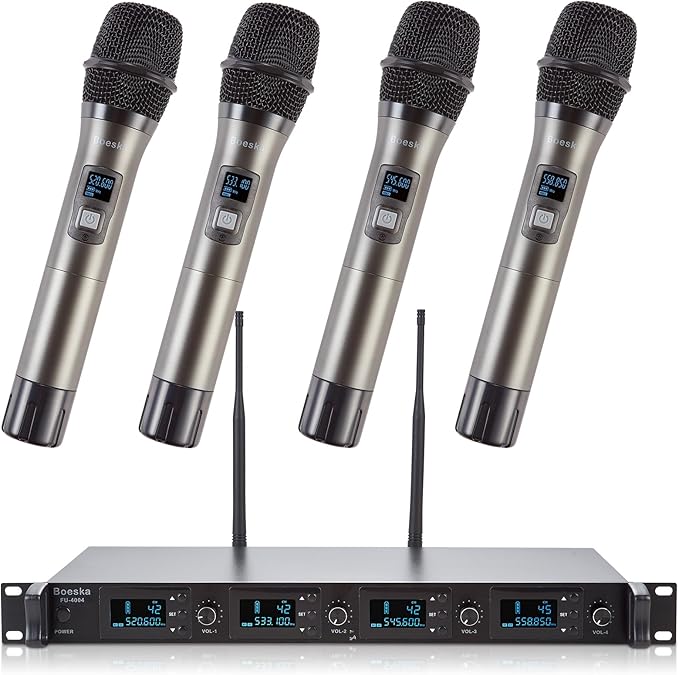 Wireless Microphone System, 4-Channel UHF Wireless Mic, Fixed Frequency Metal Cordless Mic with 4 Handheld Dynamic Microphones, 200ft Range, Mics for Singing, Church (4 Handheld)