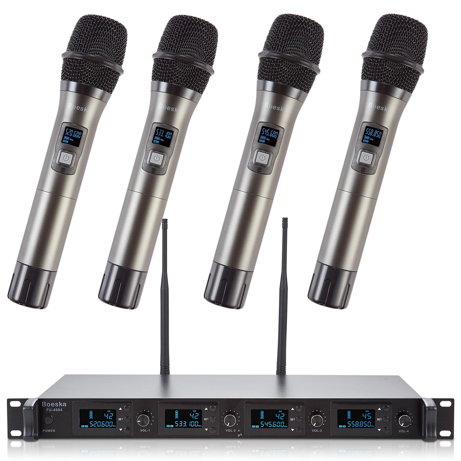 Boeska Wireless Microphone System, 4-Channel UHF Wireless Mic, Fixed Frequency Metal Cordless Mic with 4 Handheld Dynamic Microphones, 200ft Range, Mics for Singing, Church (4 Handheld)