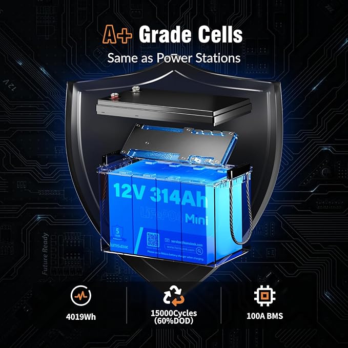 12V 314Ah LiFePO4 Lithium Battery Max. 4019Wh Energy, 15000+ Deep Cycles,100A BMS Lithium Iron Phosphate Rechargeable Battery Great for RV, Marine and Off Grid Applications, 4 PACK
