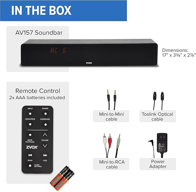 ZVOX Dialogue Clarifying Sound Bar - Patented Hearing Technology, AccuVoice TV Sound Bar with 12 Levels of Voice Boost, 17" Home Theater TV Speakers, Ideal for Smart TVs - AV157 Black
