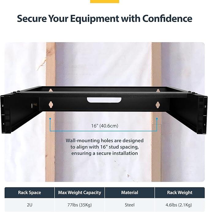 StarTech.com 2U Wall Mount Network Rack - 14 in Deep (Low Profile) - 19" Patch Panel Bracket for Shallow Server, IT Equipment, Network Switches - 77lbs/35kg Weight Capacity, Black (RACK-2U-14-BRACKET)