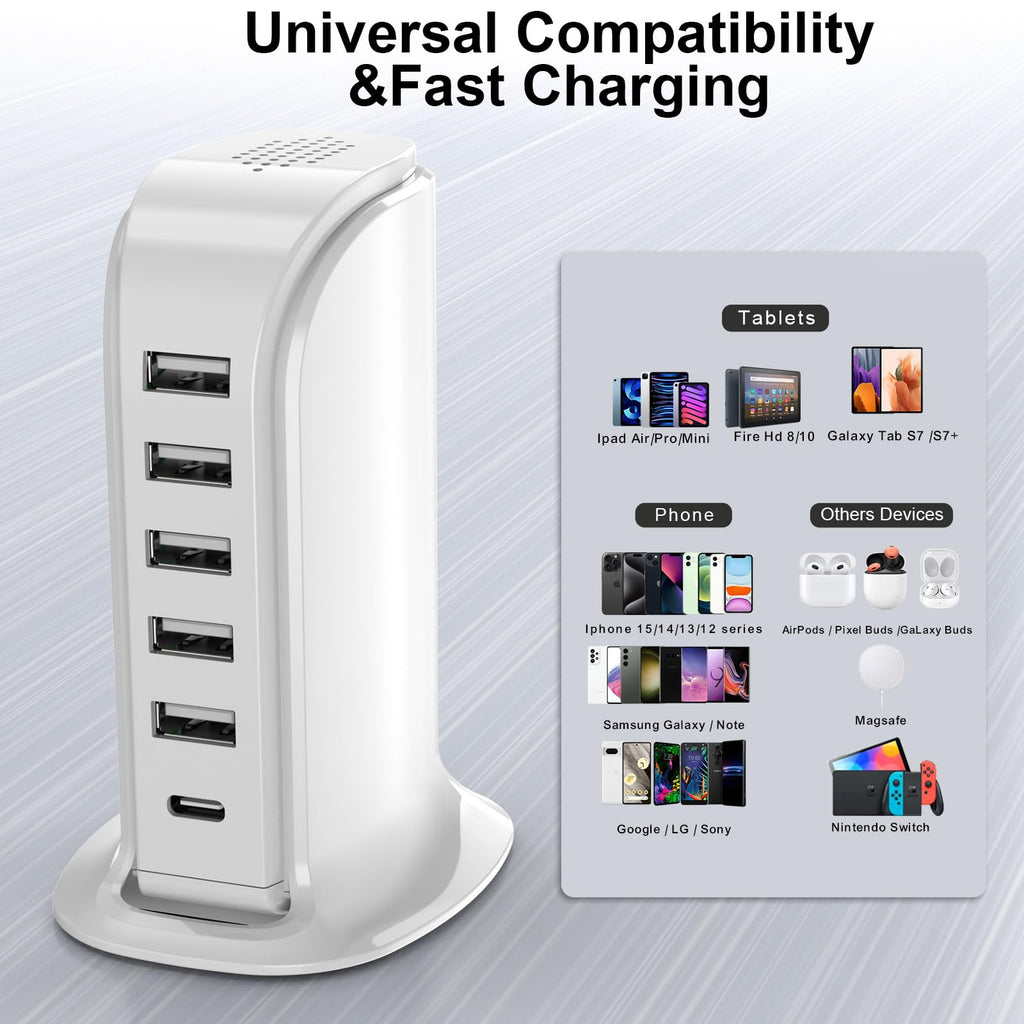 Charging Station for Multiple Devices Upoy, Multi USB Tower Hub with 5 USB+1 Type C Ports, USB C Charger Block Fast Charging for Apple/Samsung/Android Gadgets, Cute Home Office Desk Accessories