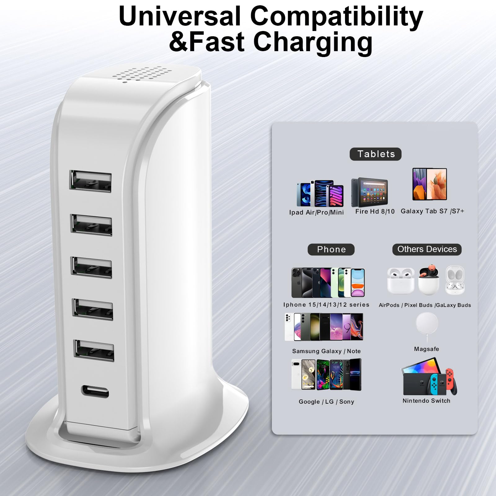 Charging Station for Multiple Devices Upoy, Multi USB Tower Hub with 5 USB+1 Type C Ports, USB C Charger Block Fast Charging for Apple/Samsung/Android Gadgets, Cute Home Office Desk Accessories