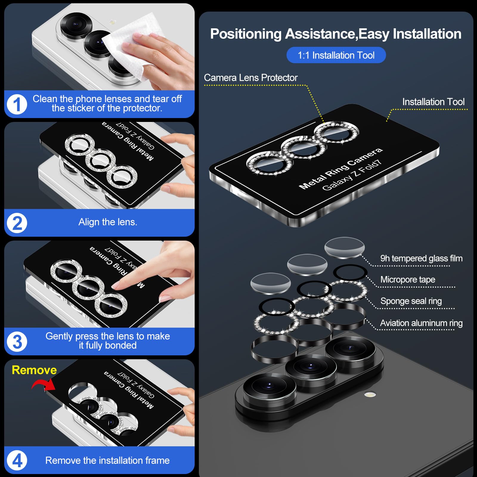 Avocase for Samsung Galaxy Z Fold 7 Camera Lens Protector, Individual Metal Ring Tempered Glass Lens Cover, [Strong Adsorption] Scratch Resistant Ultra-Thin HD Clear Lens Cover, 1 Set-Black Diamond