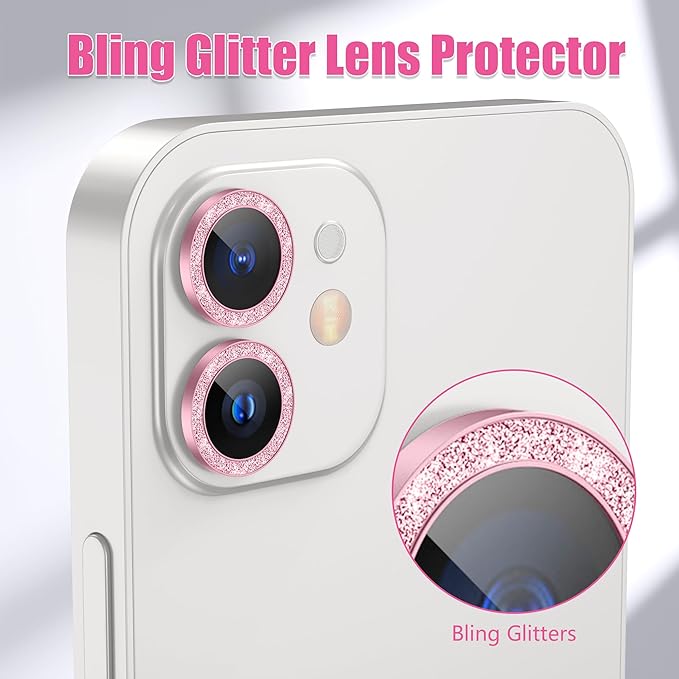 AGVEE 3+3 6 Pack for iPhone 12 Pro/12/12 Mini/11 Pro Max/11 Pro/11 Camera Lens Cover Protector, Diamond & Glitter Metal Ring 9H Tempered HD Glass Camera Protector, Bling-Pink