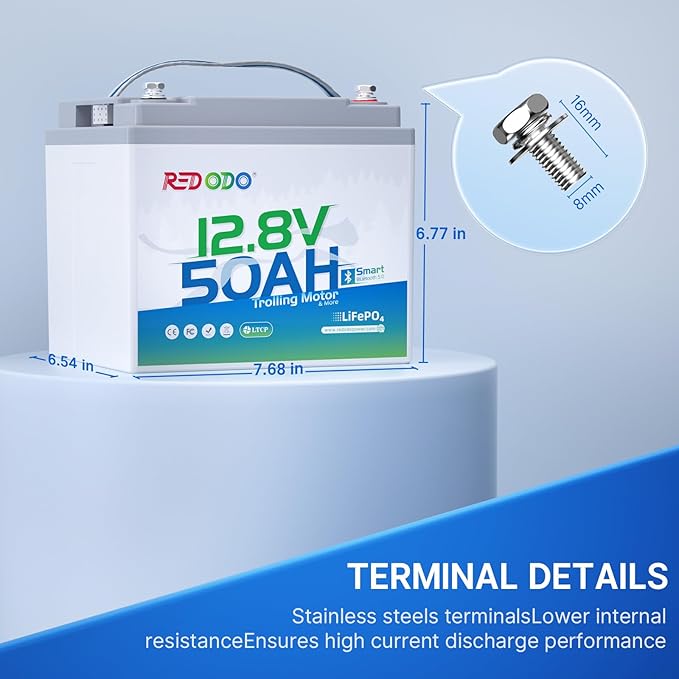 Redodo Smart Bluetooth 12V 50Ah LiFePO4 Lithium Battery for Trolling Motor, Low-Temp Protection, 10 Years Lifetime, Lightweight & Portable Perfect for RV, Solar, Boat Marine and Camping